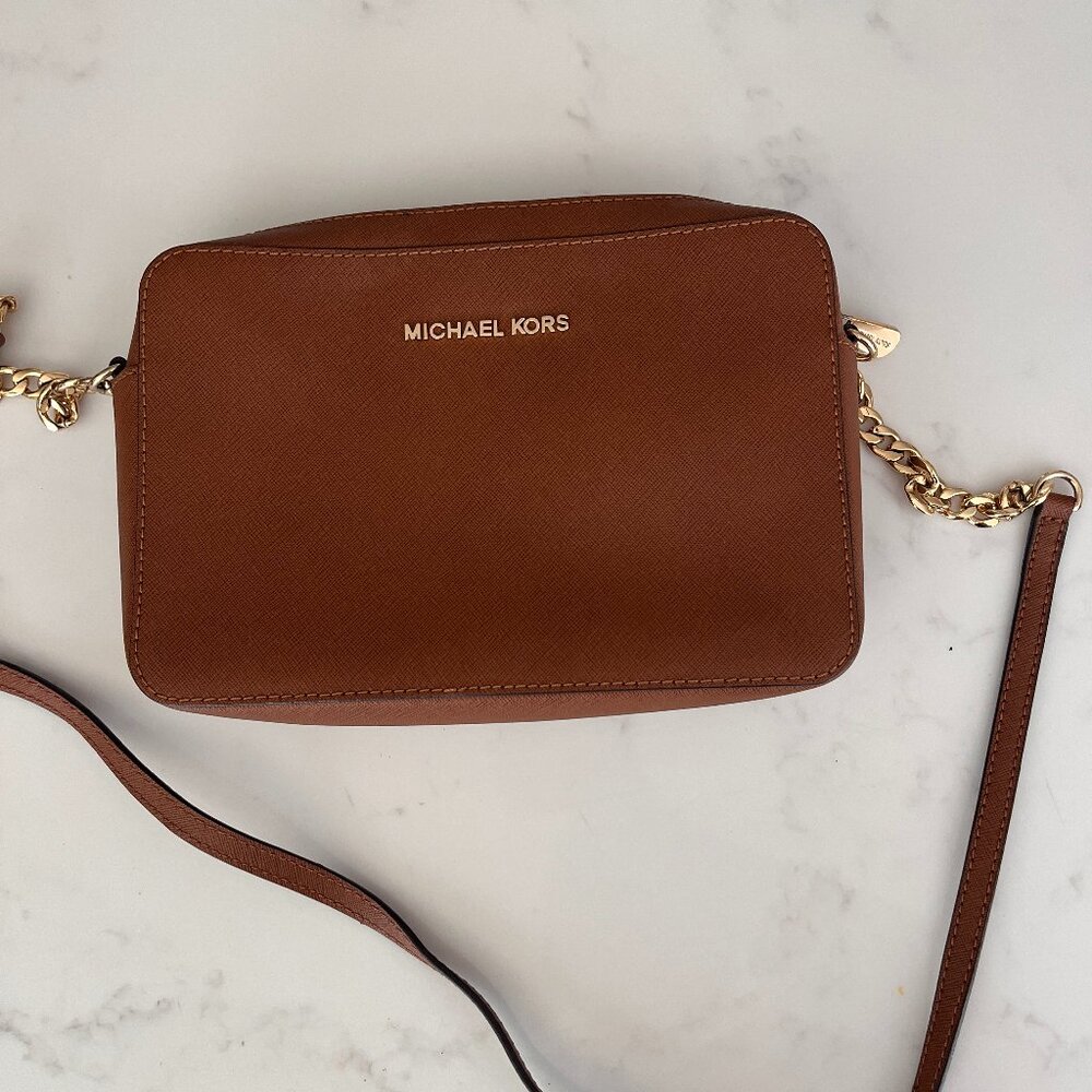 Michael Kors Jet Set Travel East/West Saffiano Leather Crossbody Bag Cognac